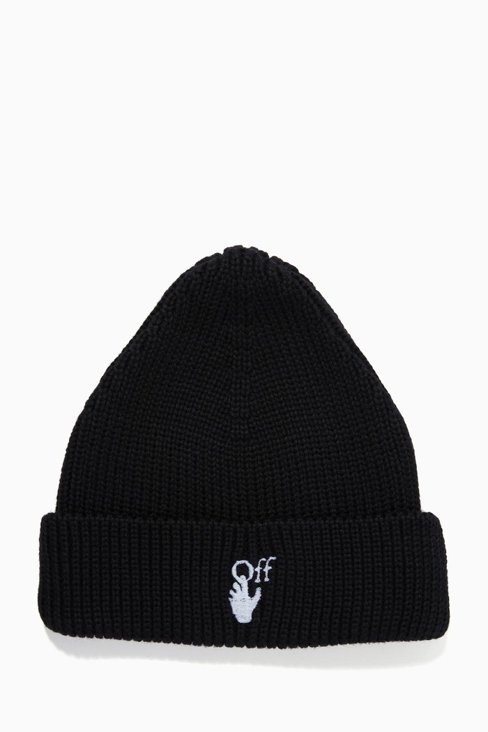 

Hand Logo Beanie in Ribbed Wool Knit, Black