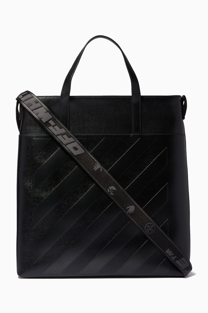 

Diagonal Stripe Tote Bag in Leather, Black