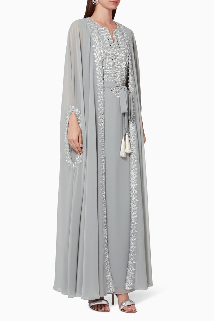 

Mirror Embroidered Kaftan Set in Chiffon, Grey