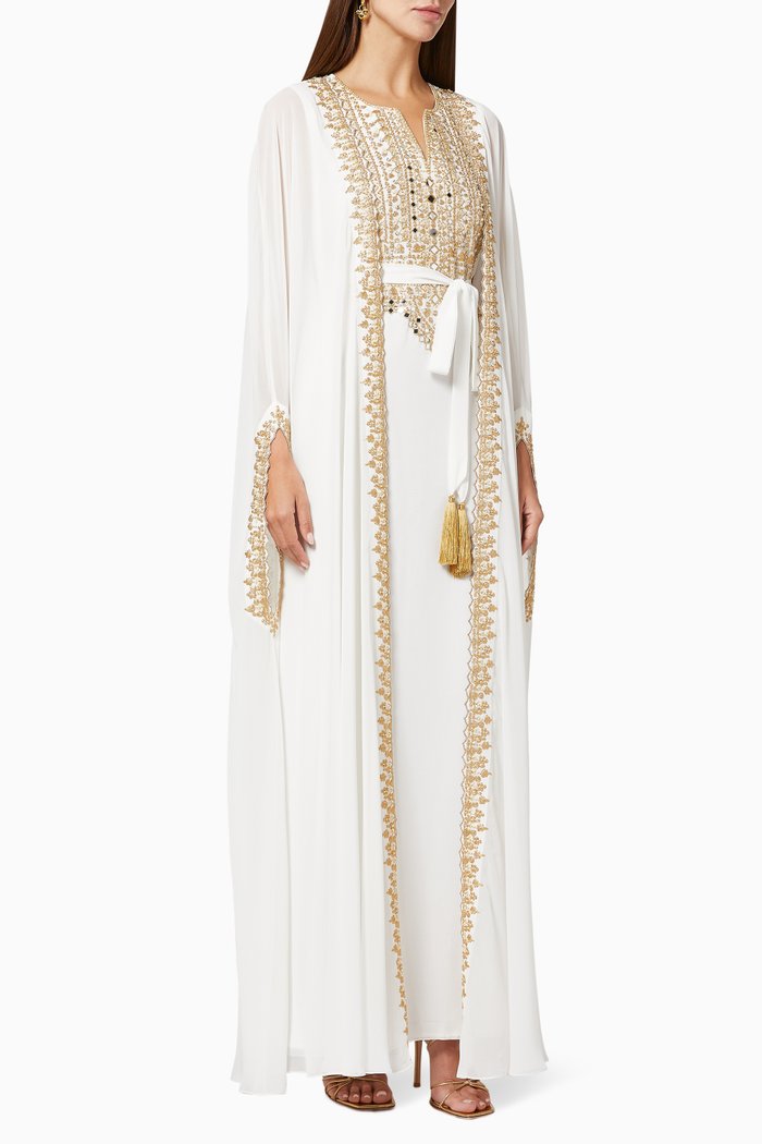 

Mirror Embroidered Kaftan Set in Chiffon, White
