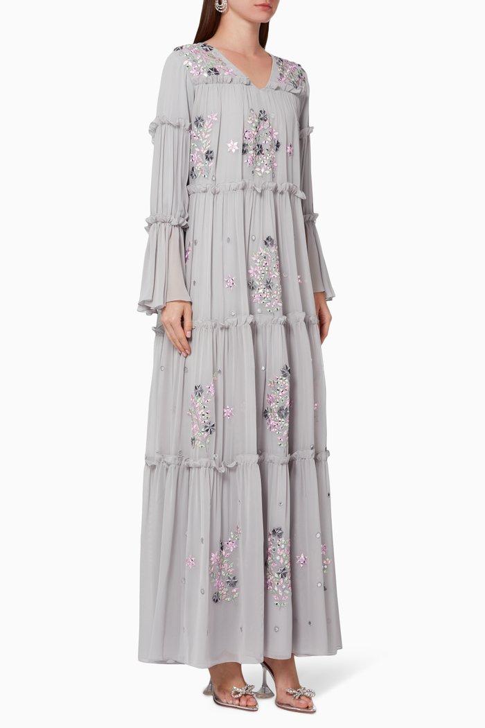 

Tiered Embroidered Kaftan in Chiffon, Grey