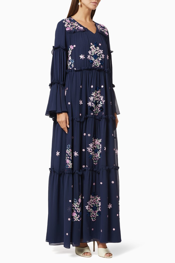 

Tiered Embroidered Kaftan in Chiffon, Blue