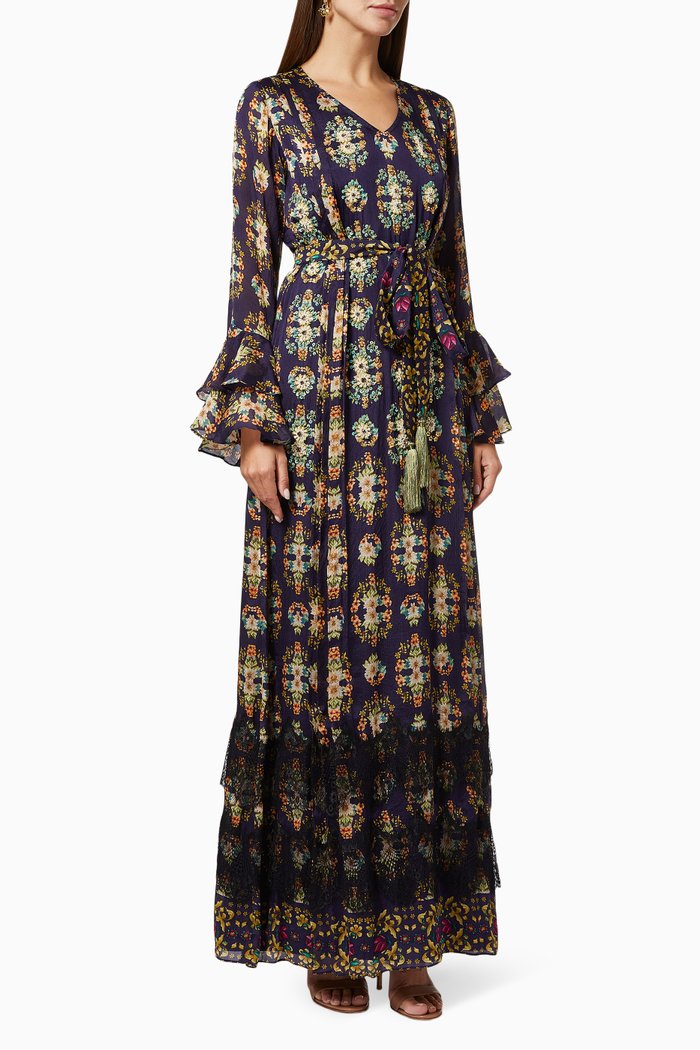 

Floral Printed Kaftan in Silk Chiffon, Blue