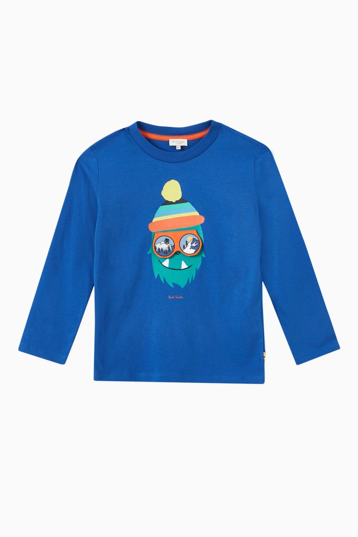 

Face Print Long Sleeve T-shirt in Cotton Jersey, Blue