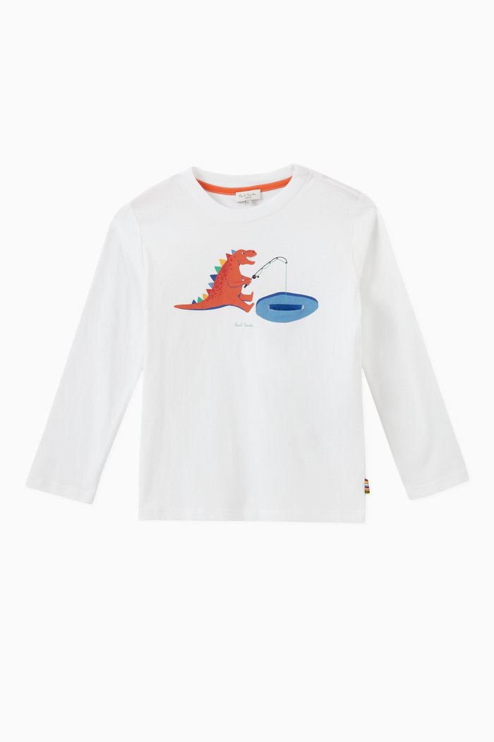 

Dino Fishing Print Long Sleeve T-shirt in Cotton Jersey, White