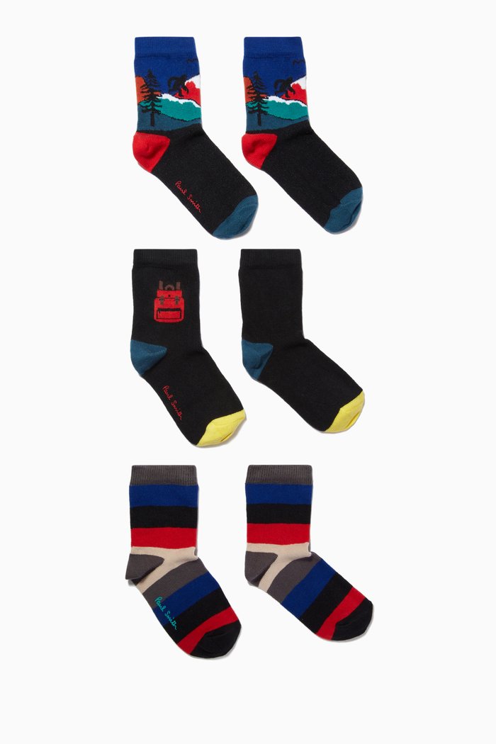 

Adventure Print Socks in Cotton Blend Knit, Set of 3, Multicolour