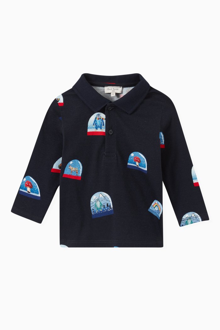 

Snow Globe Print Polo Shirt in Stretch Cotton, Black