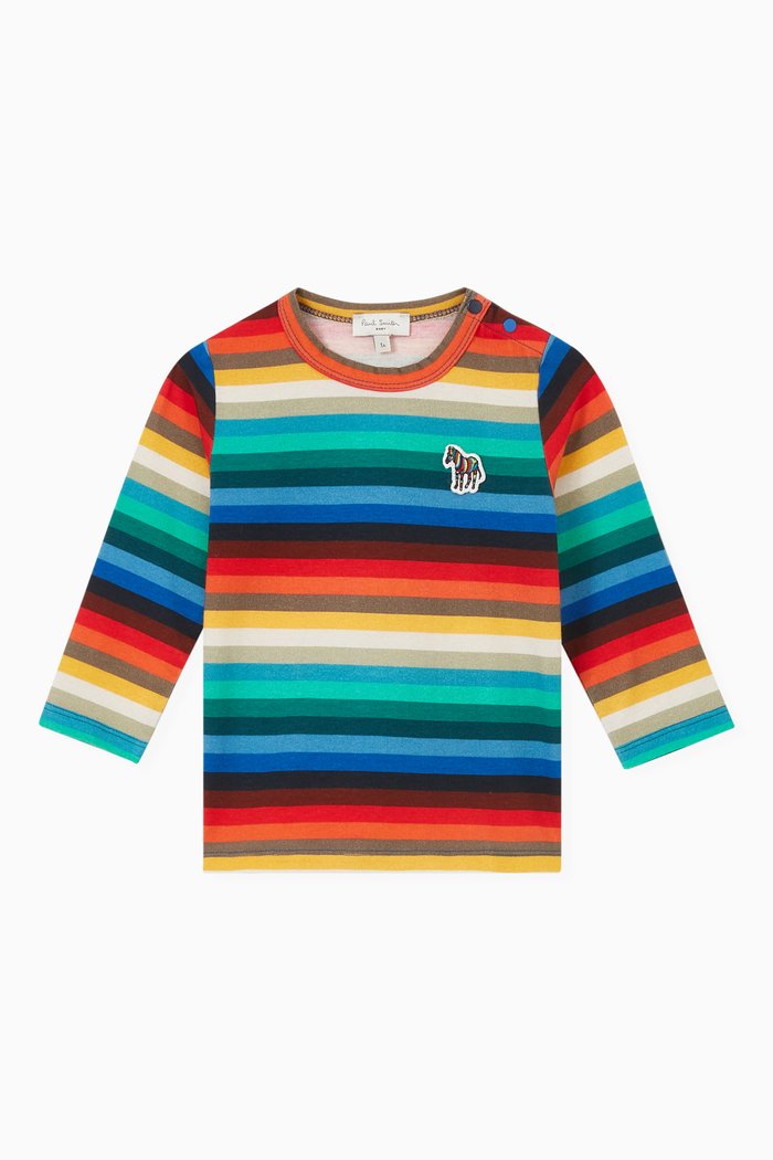 Multi-stripe Long Sleeve T-shirt in Cotton Blend, Multicolour