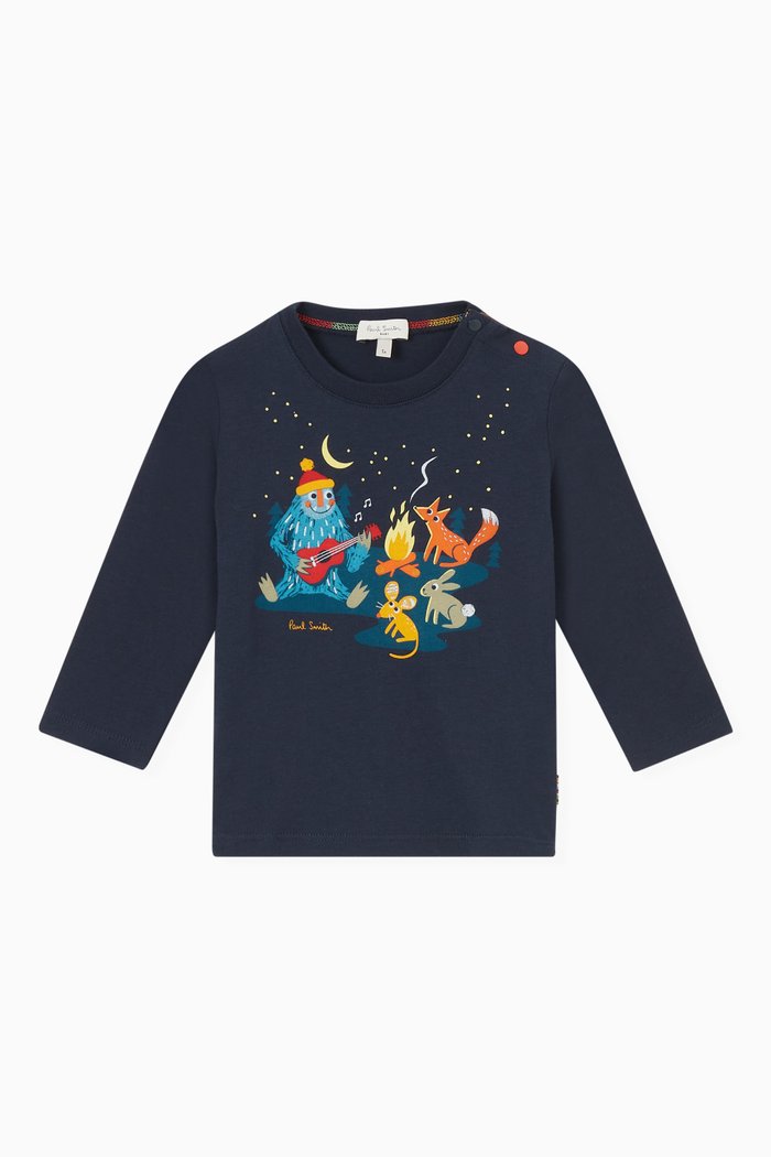 

Campfire Print Long Sleeve T-shirt in Cotton Jersey, Blue