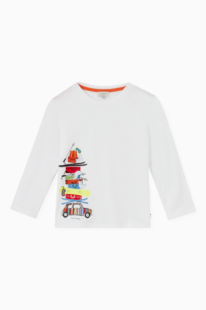 

Car Print Long Sleeve T-shirt in Cotton Jersey, White