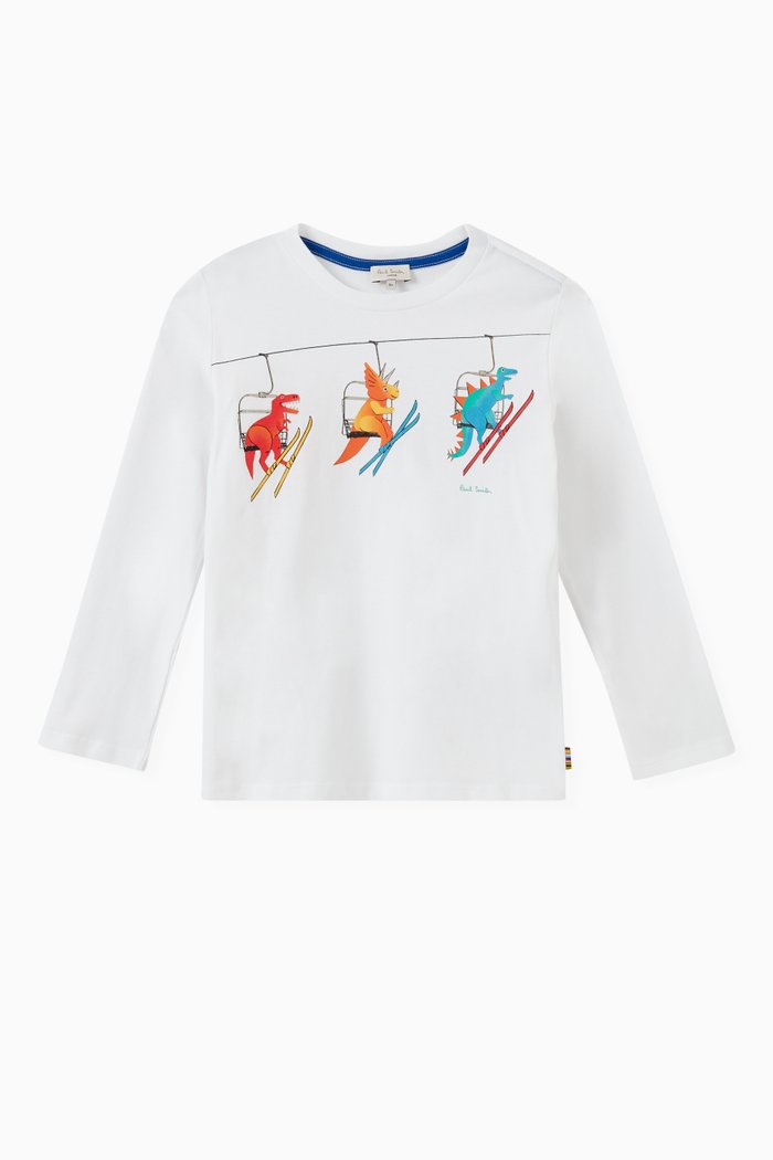 

Dino Ski Print Long Sleeve T-shirt in Cotton Jersey, White
