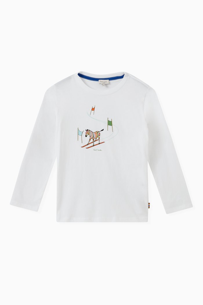 Zebra on Ski Print Long Sleeve T-shirt in Cotton Jersey, White