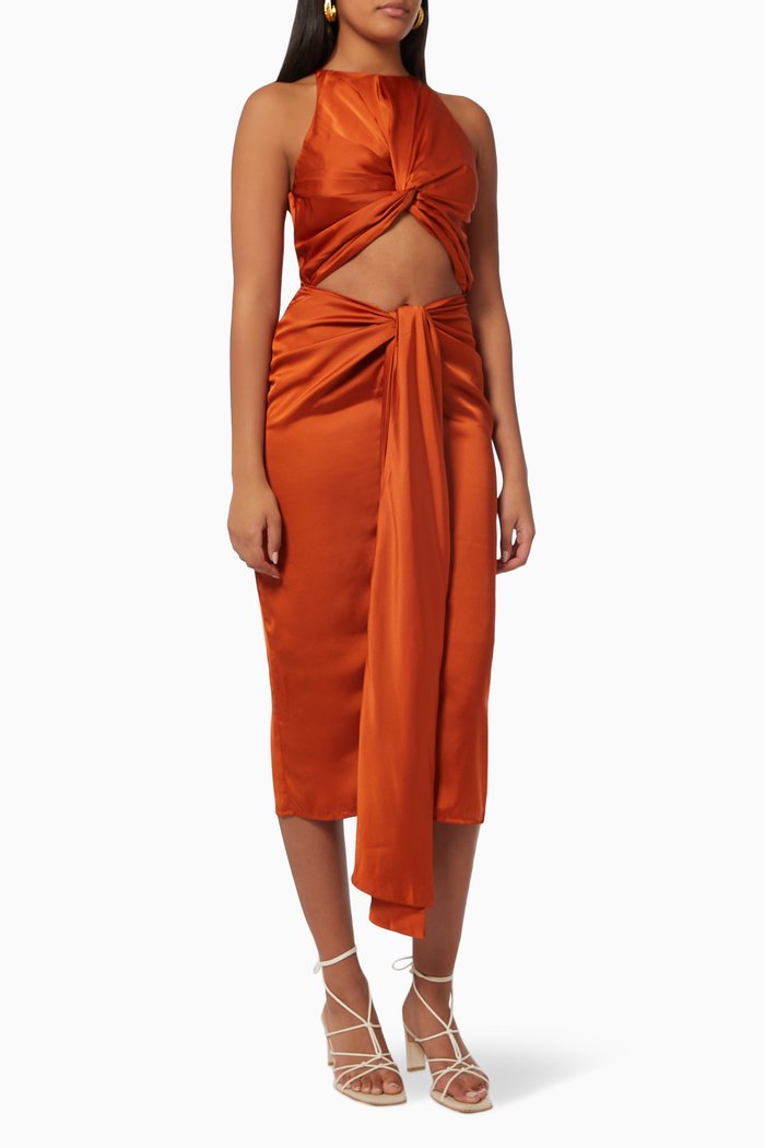 

Reni Knotted Midi Dress in Silky Satin, Orange