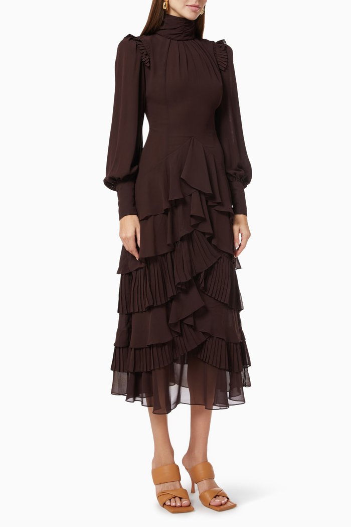 Allia Maxi Turtleneck Dress in Chiffon, Brown