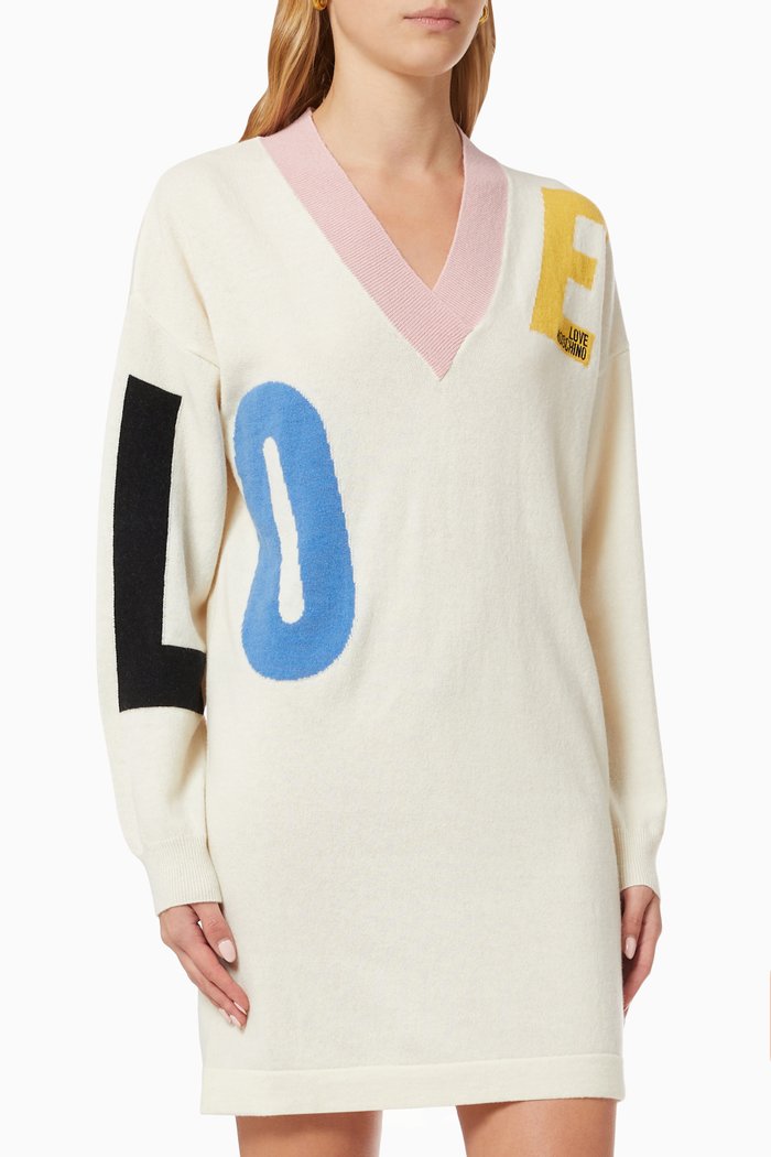 

Decomposed Logo Carded Dress in Wool, White