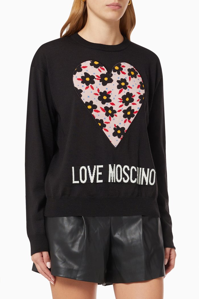 

Flowery Heart Sweater in Wool, Black