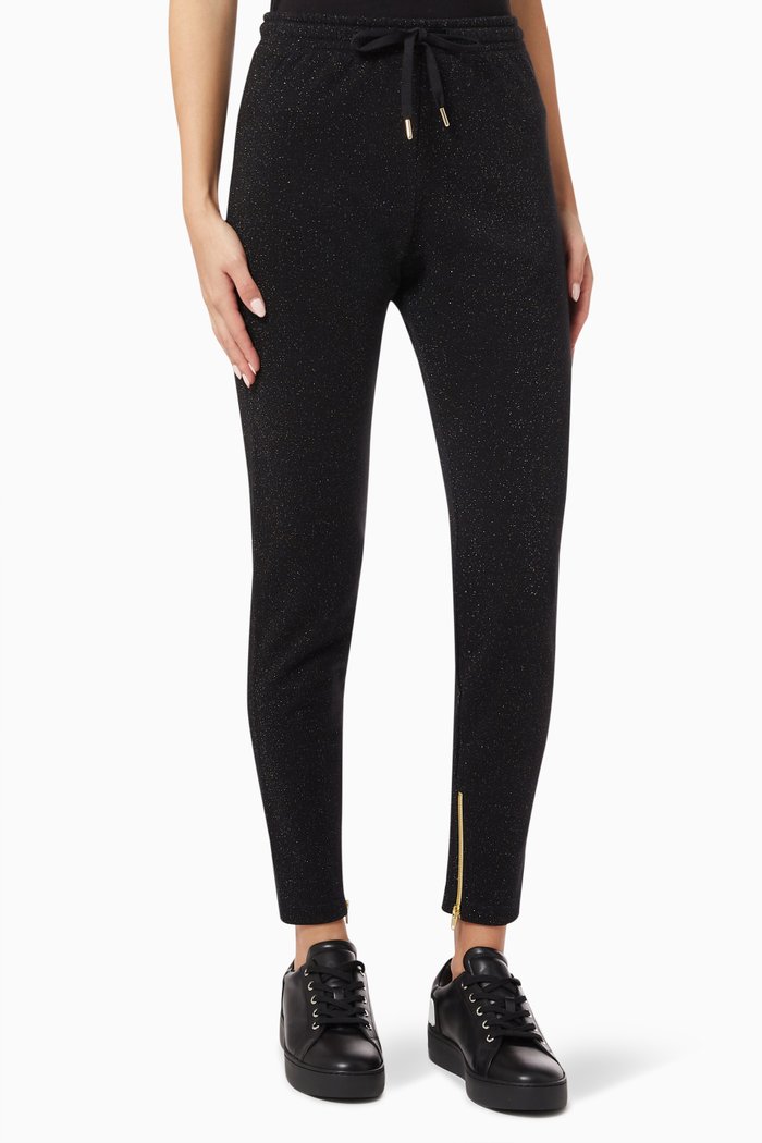 Shimmer Zipped Sweatpants in Cotton, Black