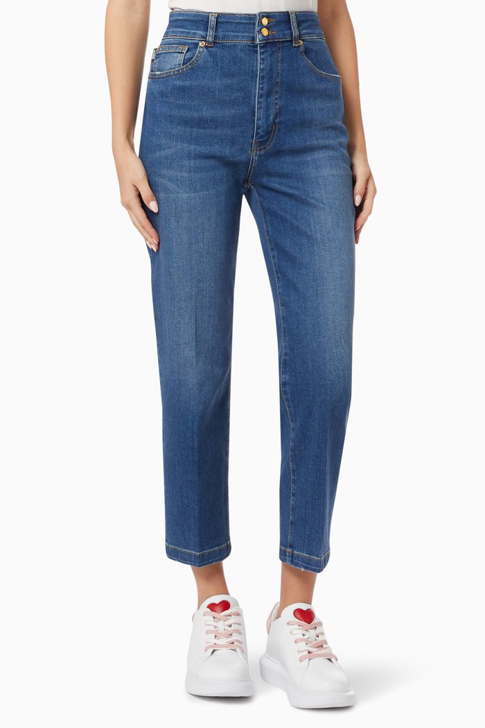 

High-Waisted Jeans in Cotton Denim, Blue