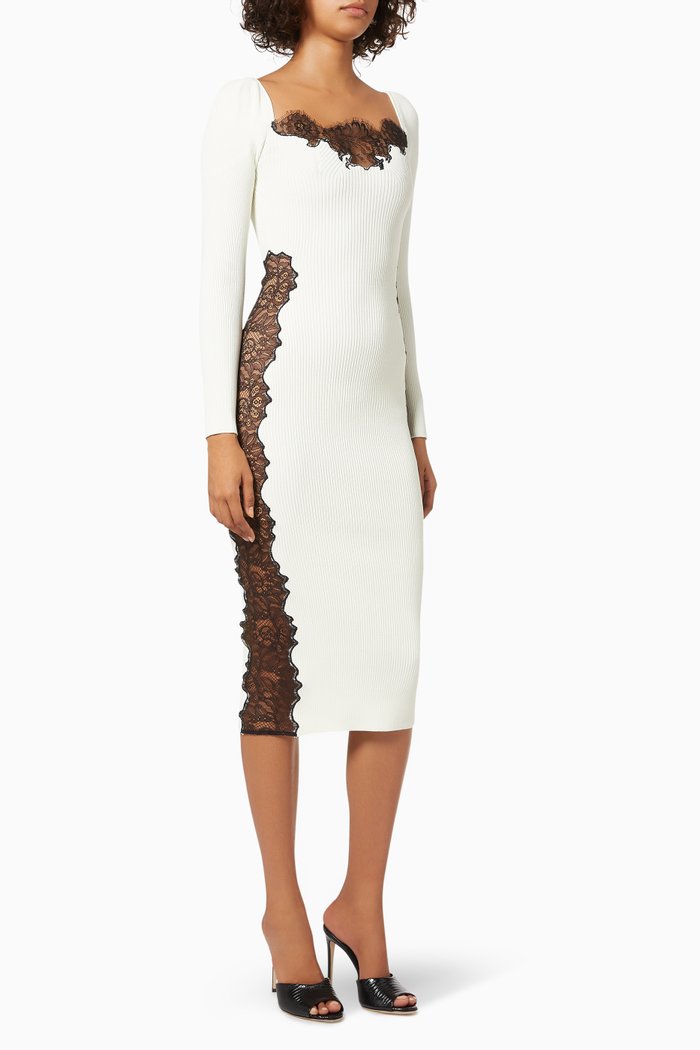 Lace Midi Dress in Ribbed Knit, Neutral