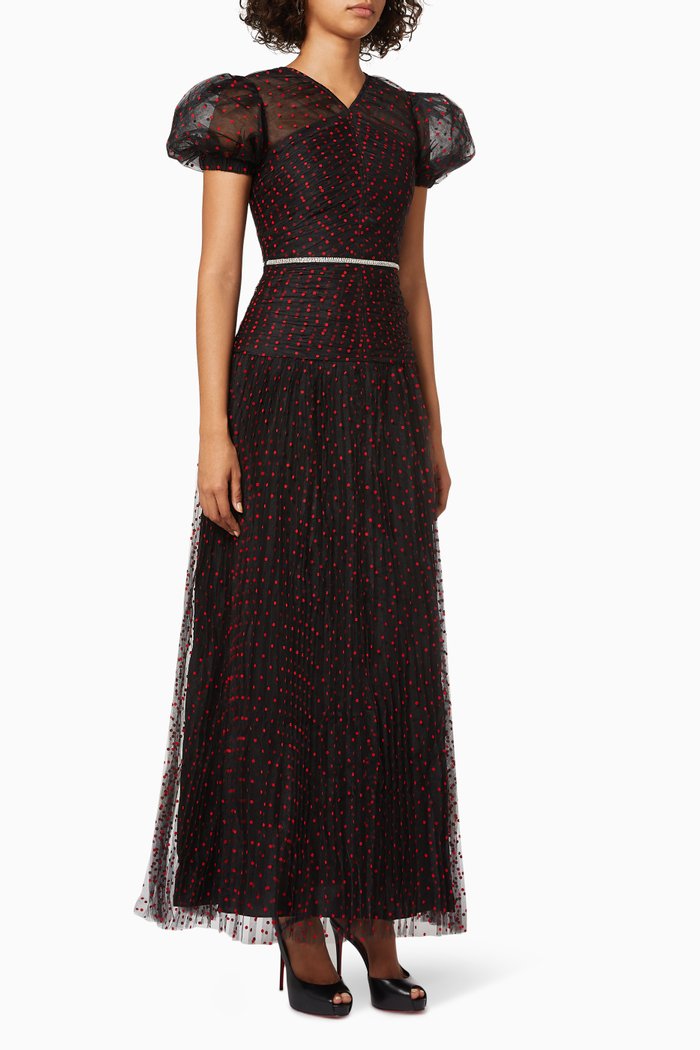 

Polka Dot Maxi Dress in Tulle, Black