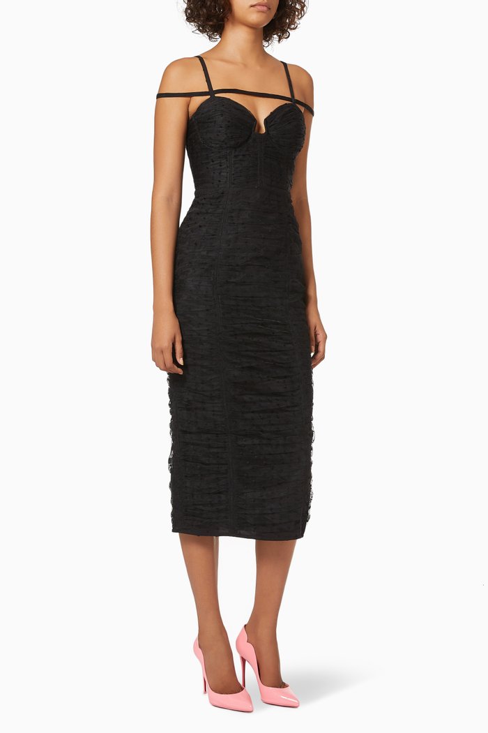 

Strap Detail Midi Dress in Dot Tulle, Black