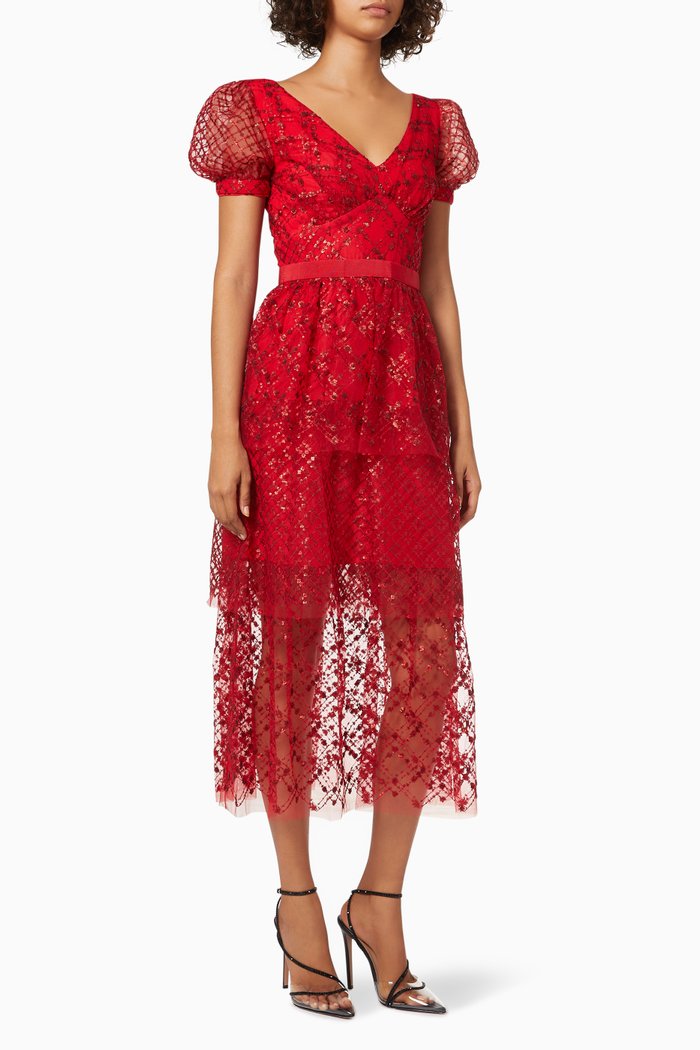 

Sequin Midi Dress in Tulle, Red