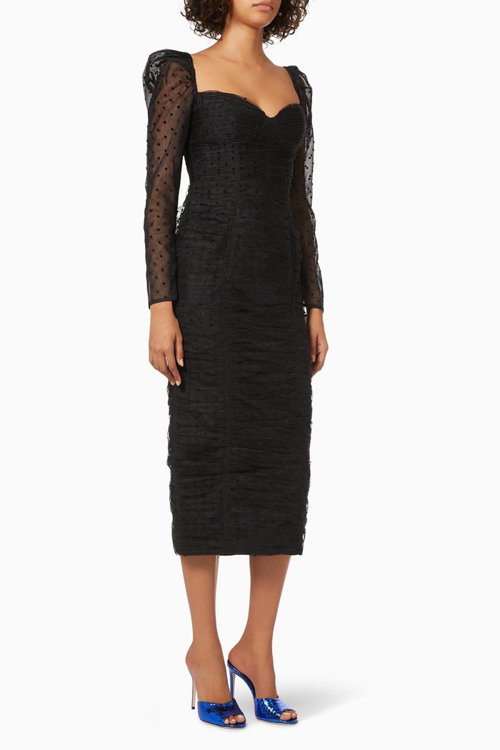 

Gathered Midi Dress in Mesh Tulle, Black
