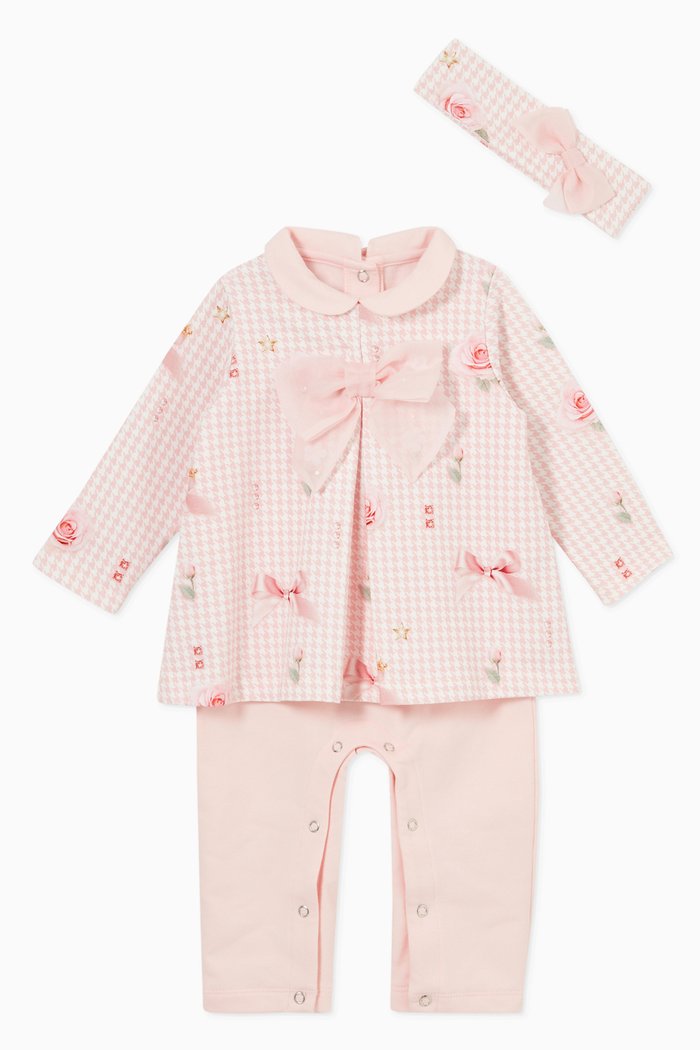 

Houndstooth Print with Bow Pyjama & Headband in Cotton, Pink