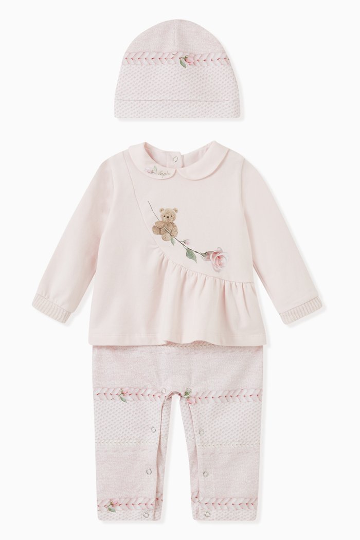 

Teddy Bear and Roses Pyjama with Hat, in Cotton, Pink
