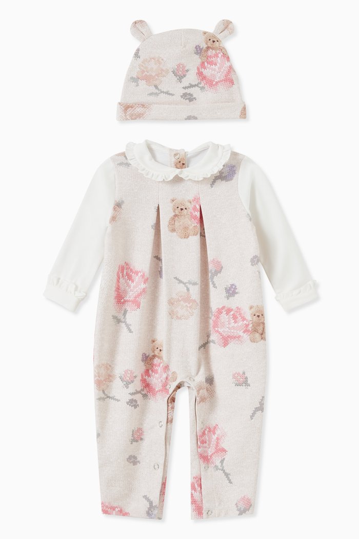 

Rose & Teddy Pyjama & Hat Set in Cotton, Pink