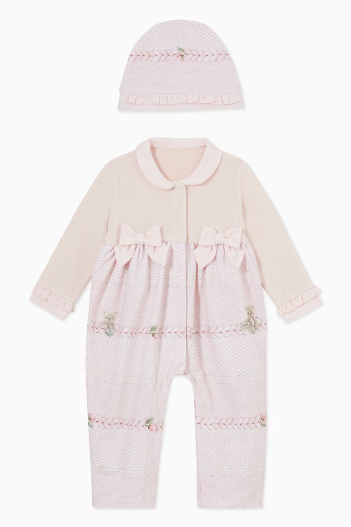 

Bow Textured Pyjama & Hat in Cotton, Pink