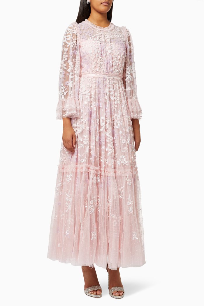 

Audrey Long Sleeve Ankle Gown in Sequinned Kisses Tulle, Pink