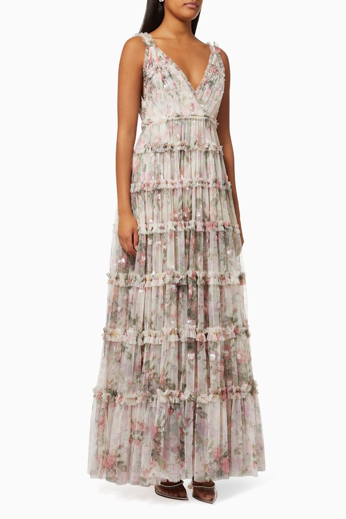

Floral Swan Cami Gown in Sequinned Tulle, Grey