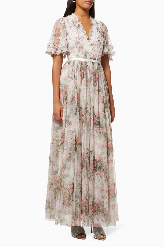 

Floral Swan Gown with Sequinned Bodice in Tulle, Grey