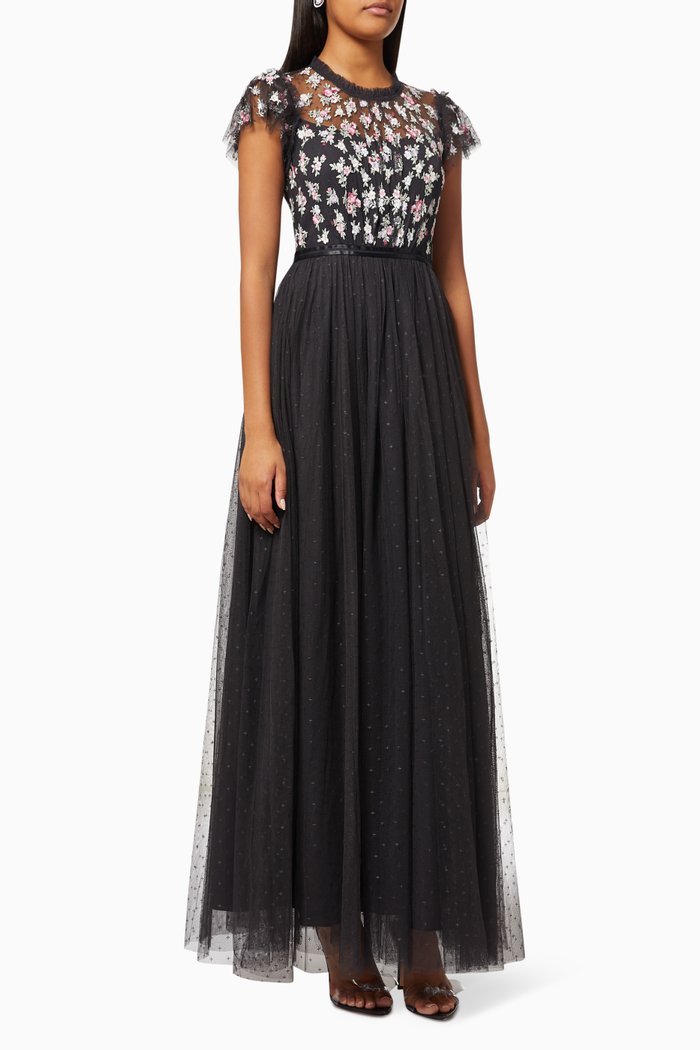 Lovell Ditsy Gown with Embroidered Bodice in Kisses Tulle, Black