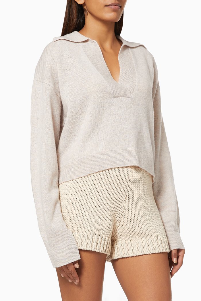 Patty Cropped Polo Knit Sweater in Wool, Neutral