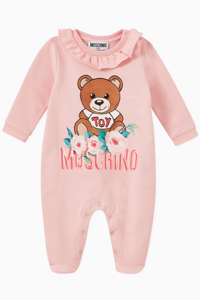 

Teddy Bear with Flowers Romper in Cotton, Pink