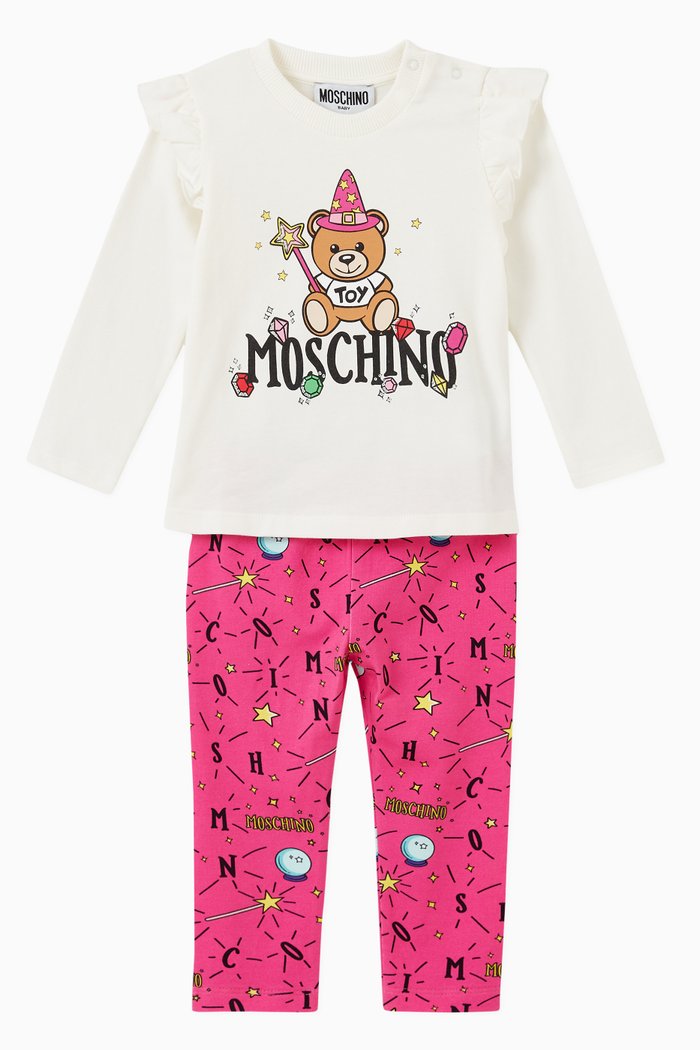 

Logo Bear Print T-shirt and Trousers Set in Cotton, Multicolour