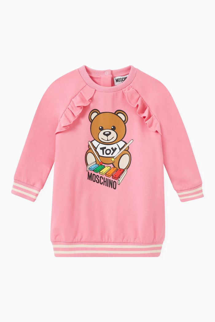 

Teddy Bear Print Ruffle Dress in Cotton, Pink