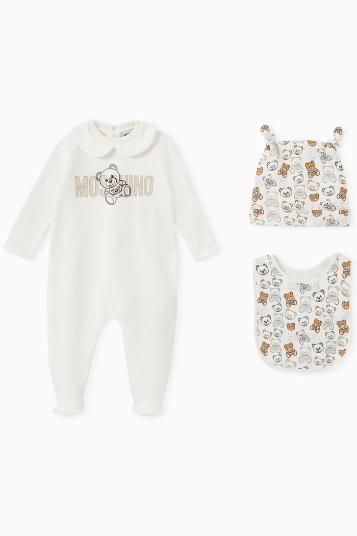 

Teddy Bear Logo Babysuit with Hat and Bib Set, White