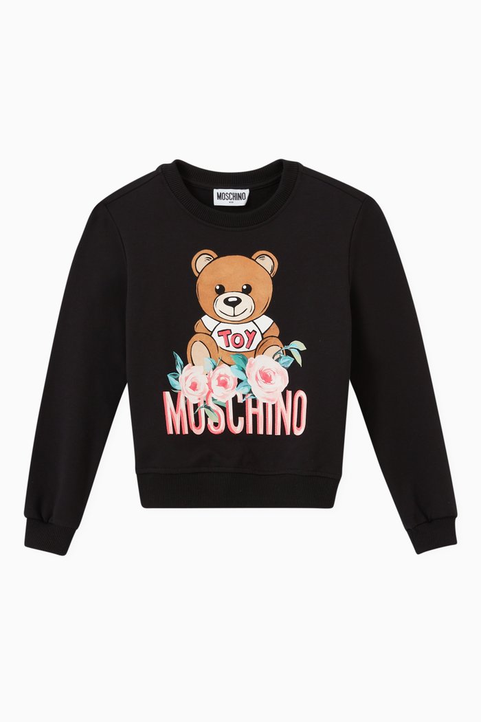 Teddy Bear Floral Print Sweatshirt in Cotton, Black