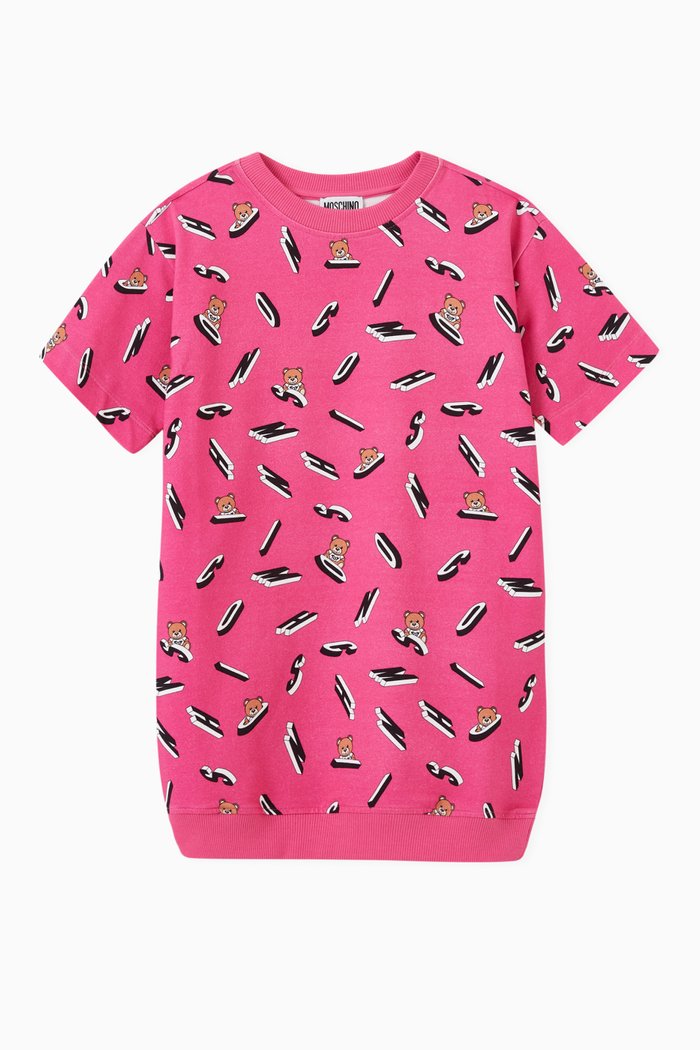 

Logo Alphabets with Teddy Bear Print Dress in Cotton, Pink