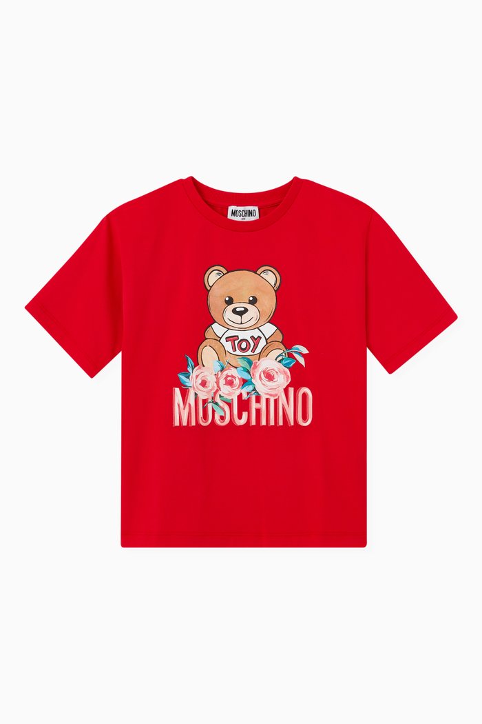 

Teddy Bear with Flower Print T-shirt in Cotton, Red
