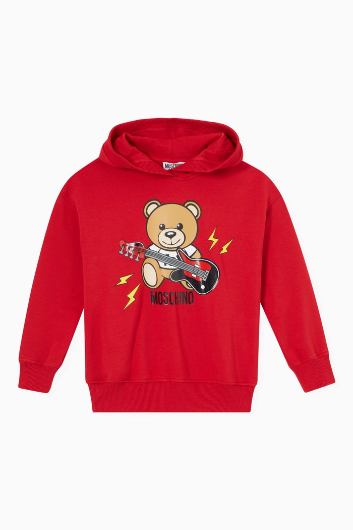Teddy Bear with Guitar Print Sweatshirt in Cotton, Red
