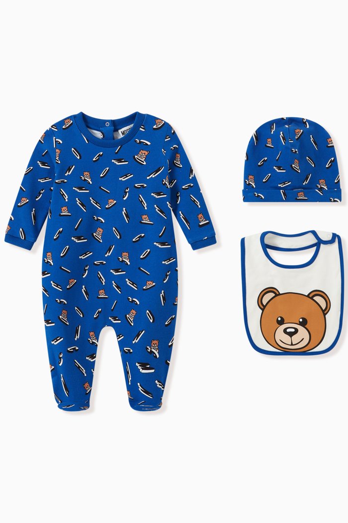 

Teddy Bear with Logo Babysuit Set in Cotton, Blue