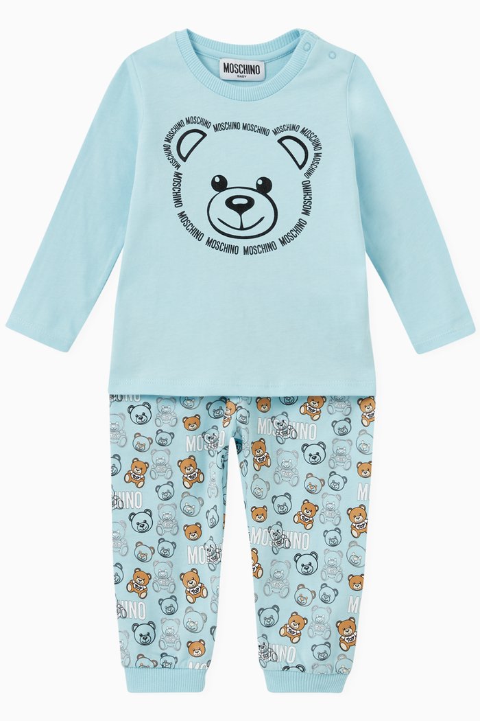 Teddy Bear Print T-shirt & Pants Set in Cotton, Blue