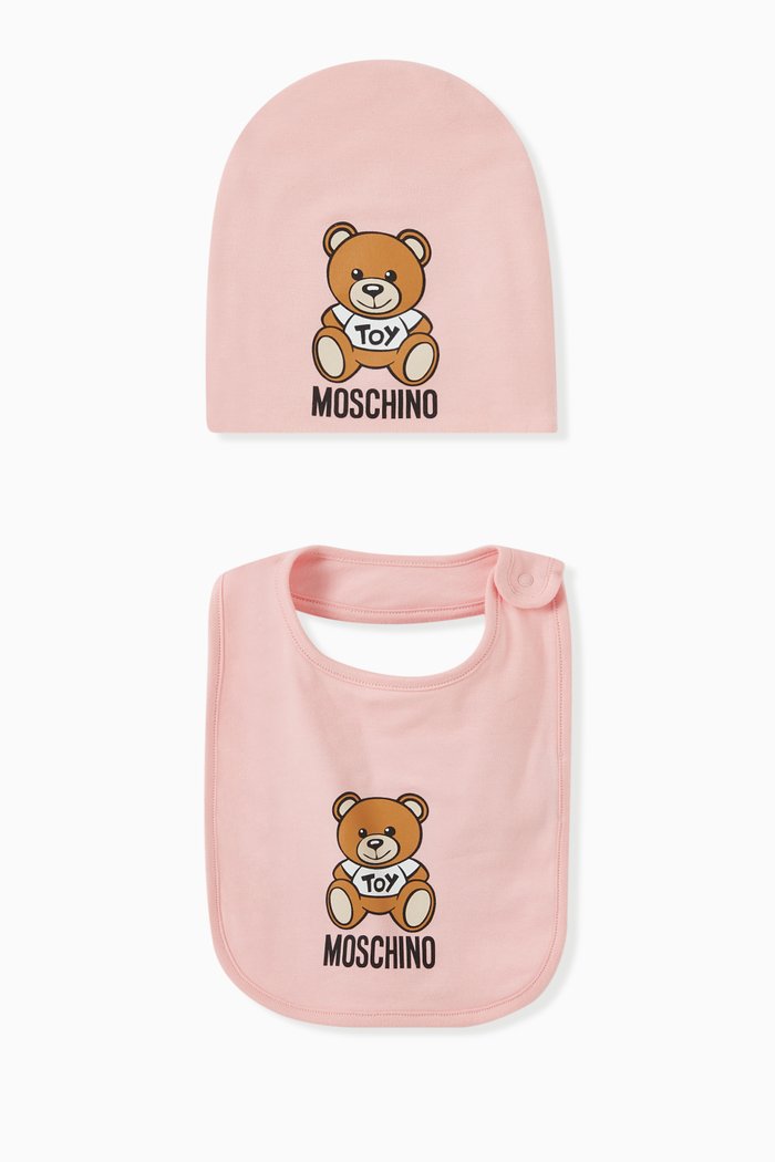 

Teddy Bear Bib and Hat Set in Cotton, Pink