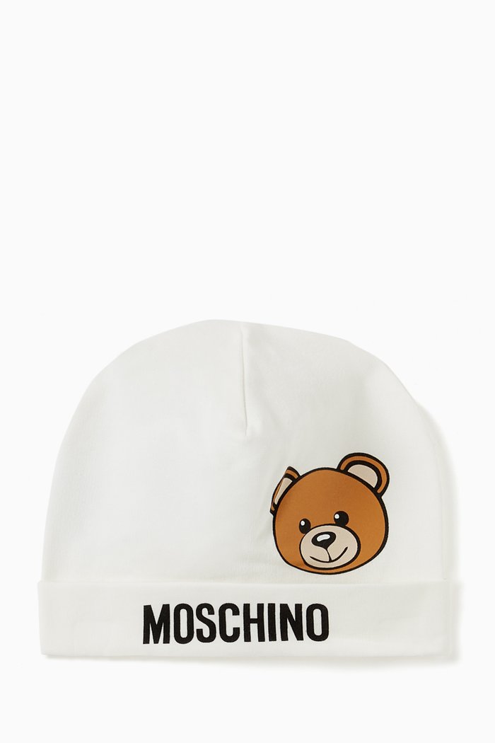 Teddy Bear Print Hat in Cotton, White