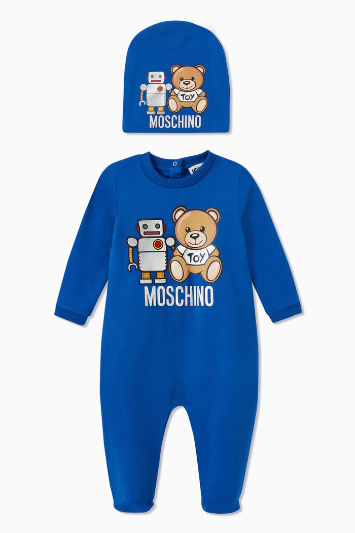 

Teddy Bear with Robot Print Babysuit Set in Cotton, Blue