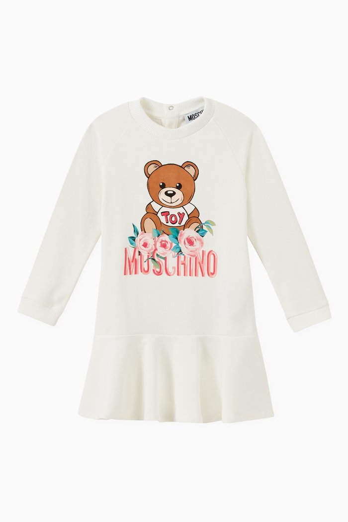 

Teddy Bear with Floral Print Dress in Cotton, White
